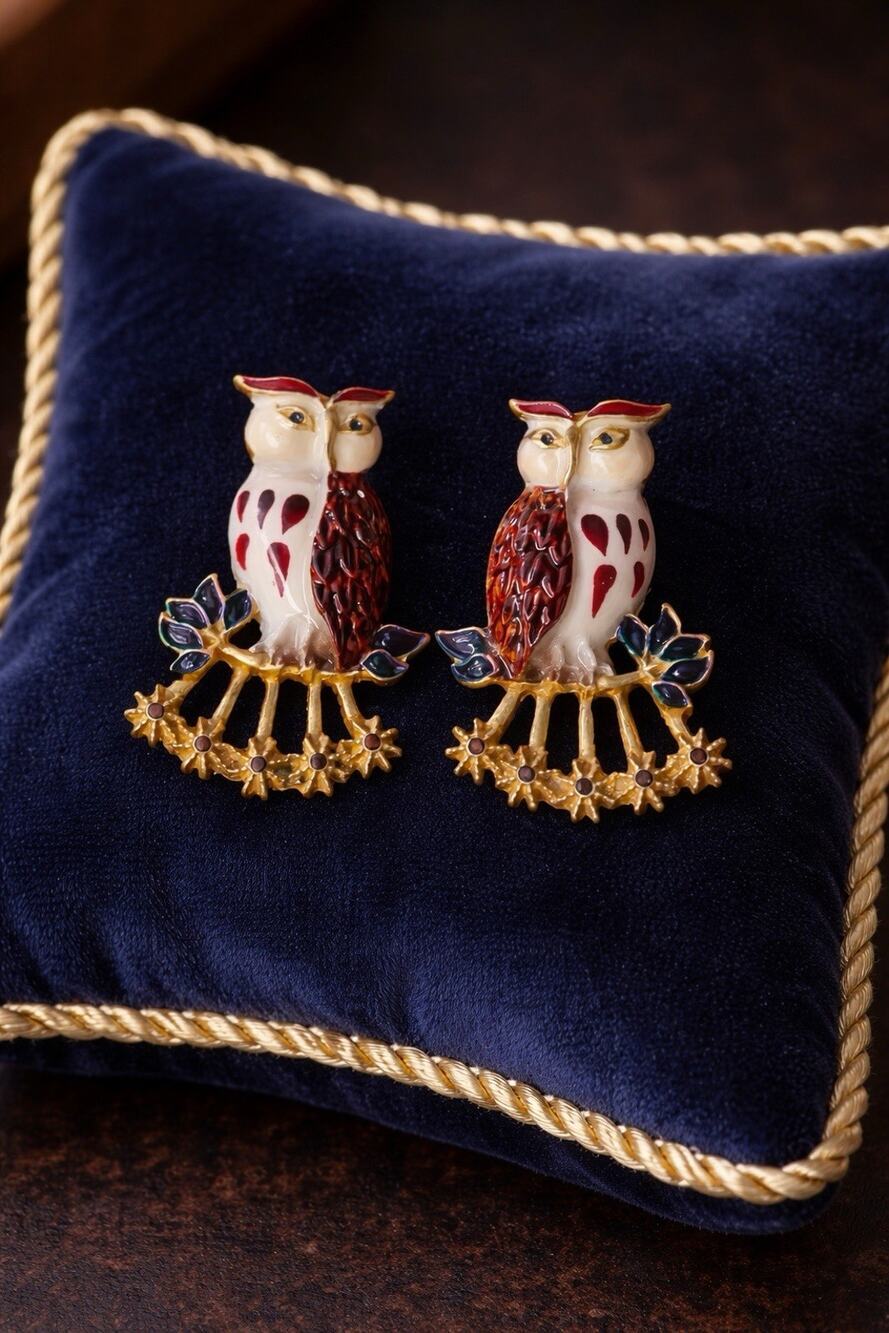 Medieval Owl Bird Earrings VTG Flower Leaf Art Museum Gold Antique CZ Boho Stud